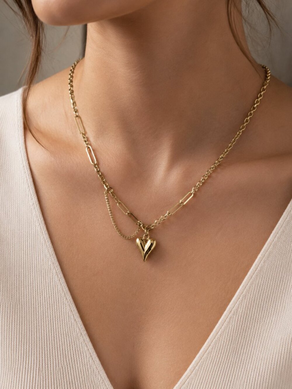 Gold Heart Pendant Necklace - Minimalist Layered Chain